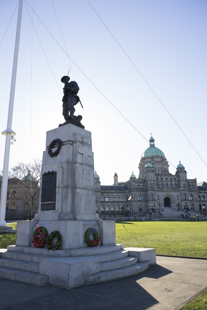 war memorial in front of Parliament Buildings in Victoria, BC